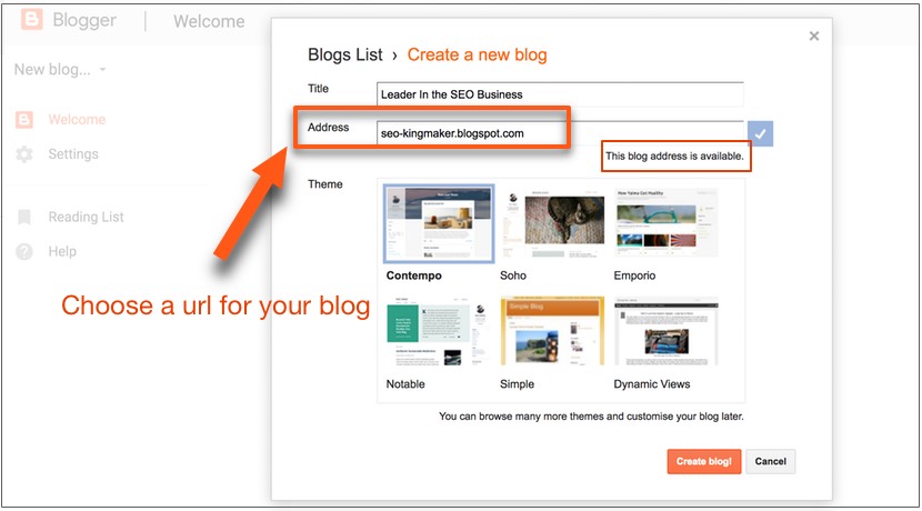 choose a url - create a blog with blogspot