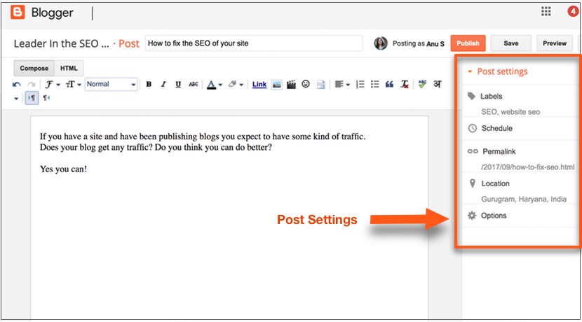 post settings- create a blog with blogspot