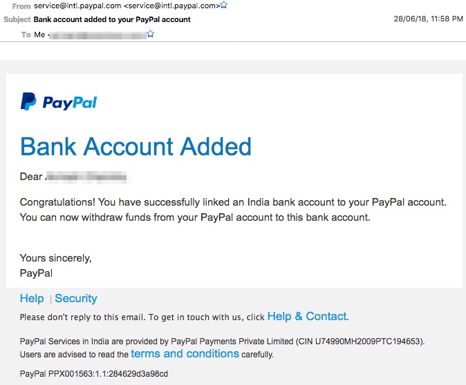 Connecting Bank account to Paypal to create India paypal account